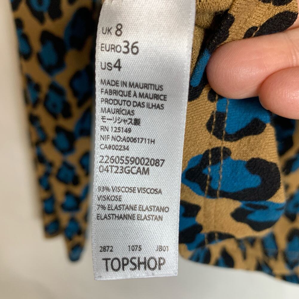 Topshop Cheetah Mock Neck Shirt Camel Black and Turquoise Sz 4 - Picture 8 of 8